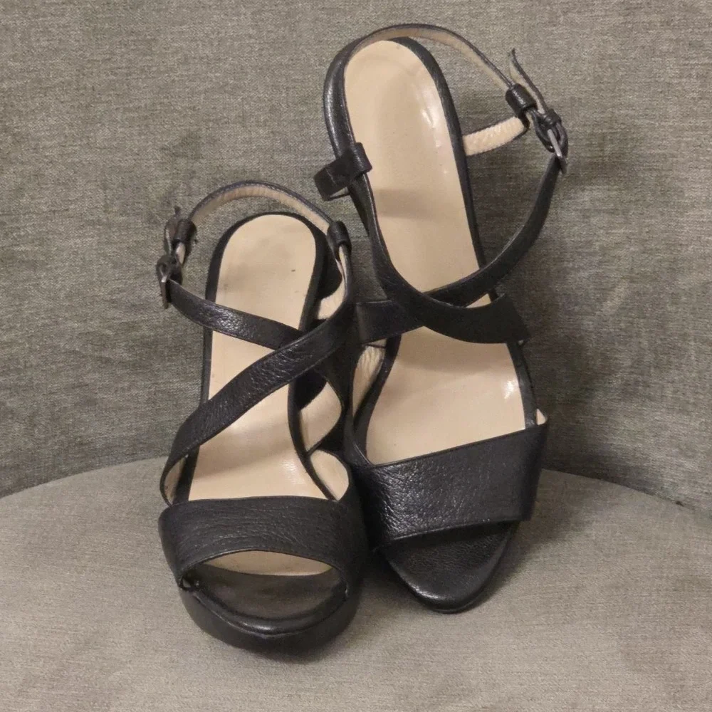 Max Mara Leather‎ Wedge Platform Size 37  US 7 Black  Open Toe
